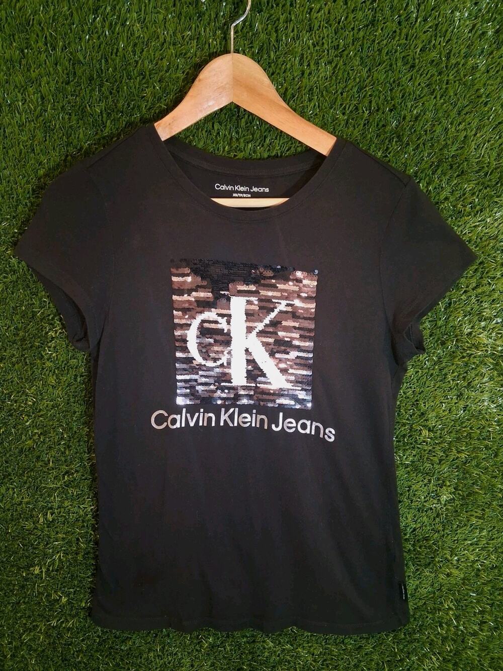 Calvin Klein Jeans Women's XS Black Sequin Monogram Logo T-Shirt Tee CK